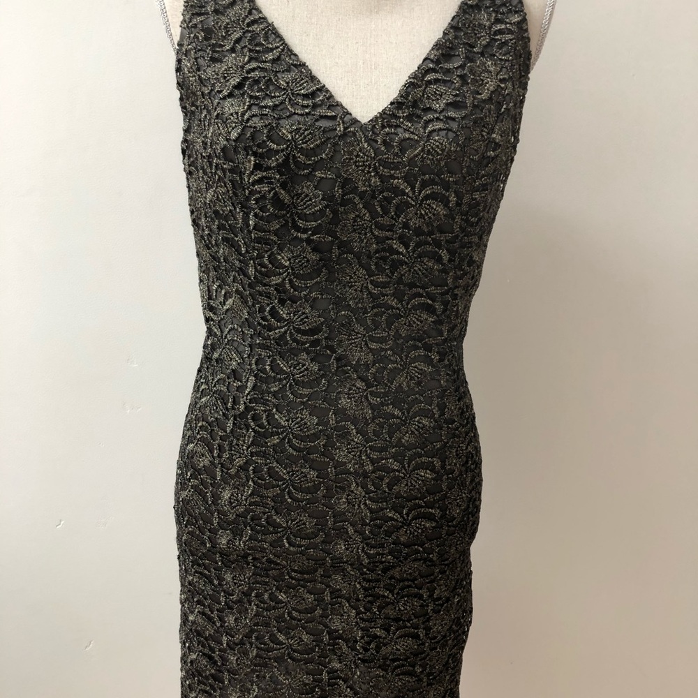 Carmen Marc Valvo bronze lace sheath,6,lined, GORG